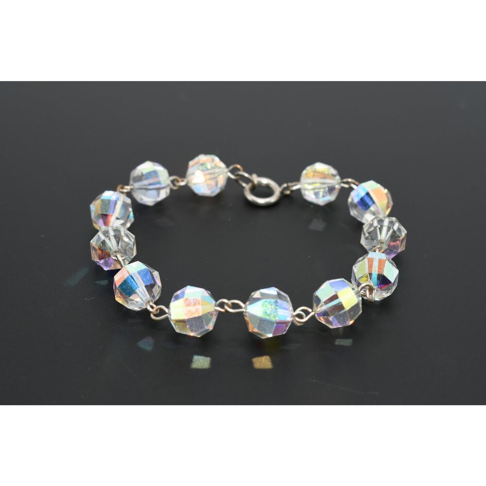 Vintage AB Crystal Bead Bracelet Austrian Faceted 7.75” Silver Tone